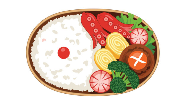 Balanced japanese bento lunch box featuring a plum on white rice, omelet, broccoli, meatball, and cute red octopus shaped sausages.