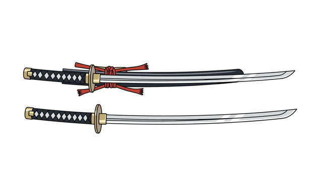 Pair of traditional Japanese katana swords includes one blade drawn from its decorated black scabbard featuring red cord and golden accents.