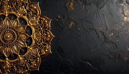 Luxurious golden mandala on textured black background with ornate details.