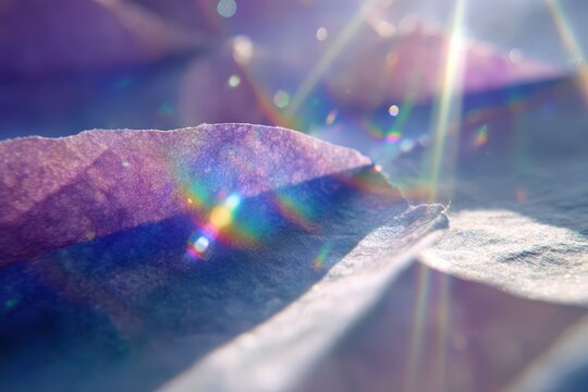 Rainbow flare on textured paper: warm sunlight weaving color through translucent surfaces