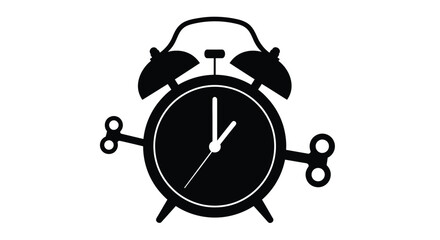 Simple black and white illustration of a classic alarm clock with hands