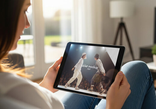 Mockup of a Woman on her tablet in the living room watching a TV show