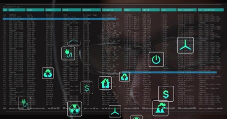 Naklejka premium Displaying central dashboard filling ops room, showing logs and recycle power dollar turbine icons