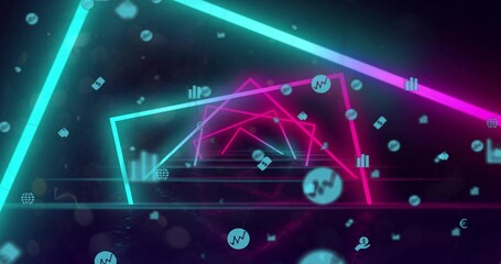 Fototapeta premium Glowing neon triangular tunnel forming receding data corridor, with glossy floor and floating icons