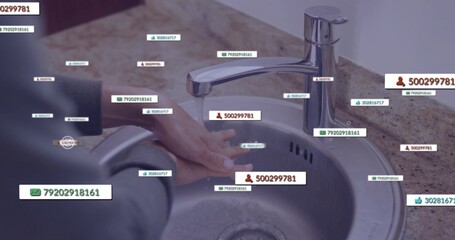 Reaching woman dark-jacketed placing hands over steel sink on counter, with chrome faucet overlays