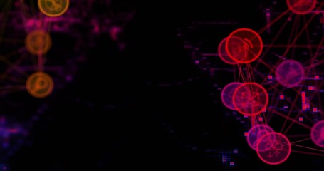 Obraz premium Displaying red node cluster right on dark canvas, with lines, blue-pixels, orange chain, copy space