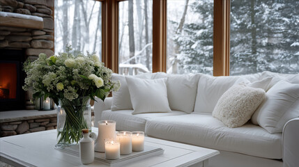 Naklejka premium White sofa cozy living room winter candles fireplace large windows snow floral arrangement soft pillow peaceful