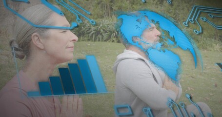 Meditating pair in prayer pose on lawn, blue globe bar chart circuit overlays, pink top grey-hoodie