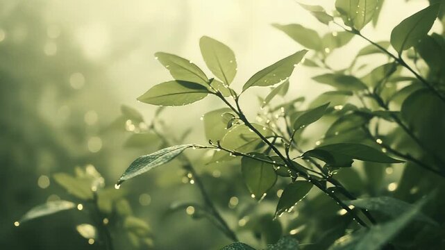 Fresh green leaves are glistening with water droplets at sunrise, symbolizing growth, renewal, and the pure beauty of a natural environment during an invigorating morning