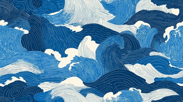 Japanese woodblock inspired ocean wave seamless pattern. Ocean waves creating a repeating Asian style graphic seamless pattern