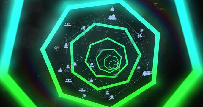 Spiraling neon-green polygonal tunnel drawing focus in 3D cyberspace, with network lines and nodes