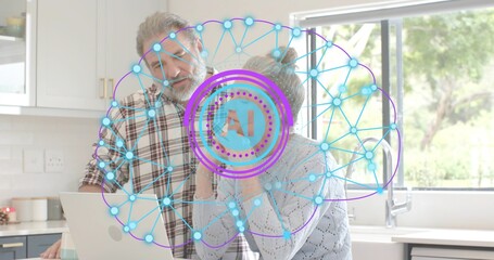 Standing senior couple in sweater and plaid-shirt using open laptop at kitchen counter AI graphic