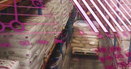 Naklejka premium Displaying stacked white bagged pallets wrapped in plastic in storage aisle, with magenta panel