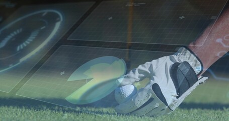 Placing gloved hand with red sleeve positioning dimpled golf ball on green, HUD overlay, copy space