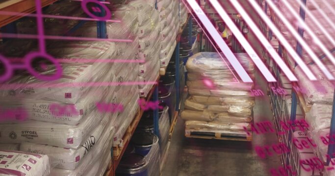 Displaying stacked white bagged pallets wrapped in plastic in storage aisle, with magenta panel