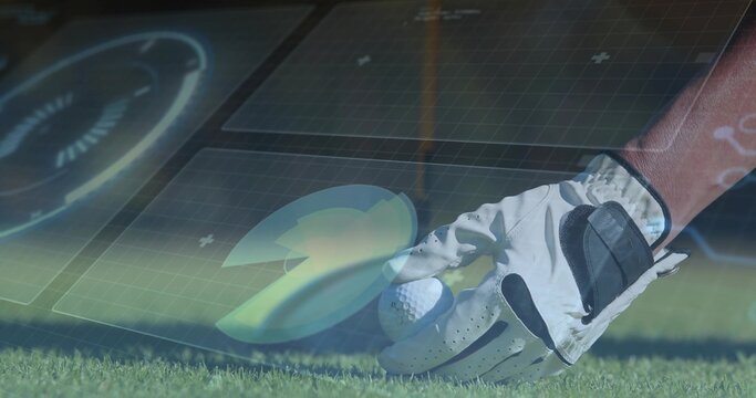 Placing gloved hand with red sleeve positioning dimpled golf ball on green, HUD overlay, copy space