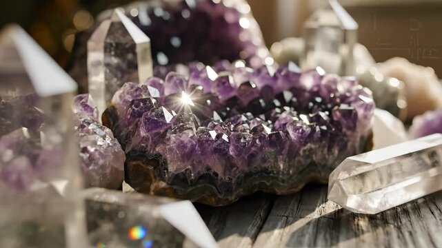 Close-up of healing crystals including amethyst and clear quartz on a rustic wooden table. Sunlight creating sparkles and lens flares on gemstones. Spiritual energy and meditation concept