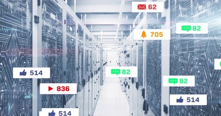 Extending central server racks forming datacenter aisle showing circuit panels LEDs floating alerts