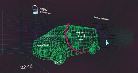 Naklejka premium Displaying neon green wireframe SUV rotating in virtual 3D grid, with magenta speed gauge