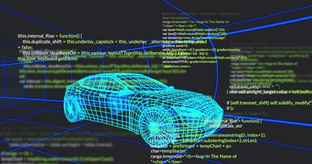 Fototapeta premium Rendering neon-cyan wireframe sedan model rotating in virtual 3D CAD workspace, with code overlays