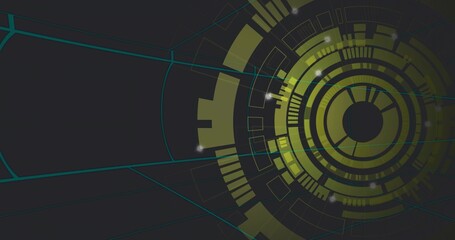 Obraz premium Showing yellow-green concentric interface on right in dark dashboard with teal grid, copy space