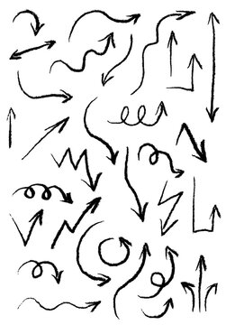 Chalk-style hand-drawn black arrows collection with wavy, zigzag, curved, looped, and straight designs. High-res PNG, sketch texture, infographics, presentations, creative, business, UI, design