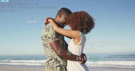 Naklejka premium Embracing couple holding each other on shore, showing tropical shirt, white dress, HUD overlays