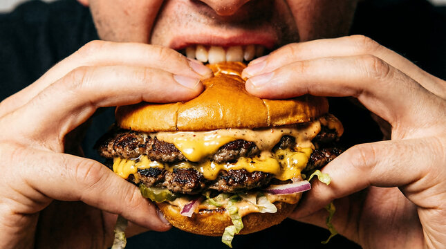 Close up front view of man biting double cheeseburger

