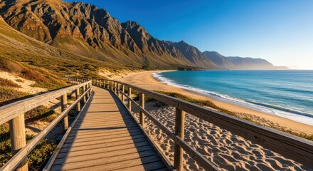 Obraz premium Wooden walkway to a sandy beach with mountains and ocean under a clear blue sky
