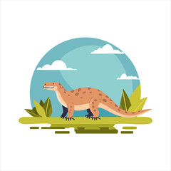 Illustration of a dinosaur standing on a grassy terrain surrounded by plants and clouds in a serene landscape scene