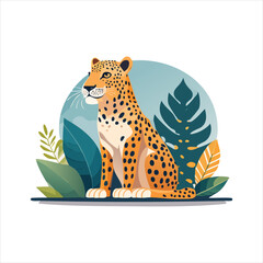 Vector illustration of a sitting leopard surrounded by leaves and foliage in a serene natural environment from a side viewpoint similar to C152.eps