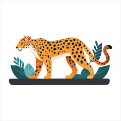 Vector illustration of a walking leopard with leaves on a black base