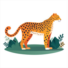 Cheetah standing on a green hill with leaves around, viewed from the side in a graphic illustration