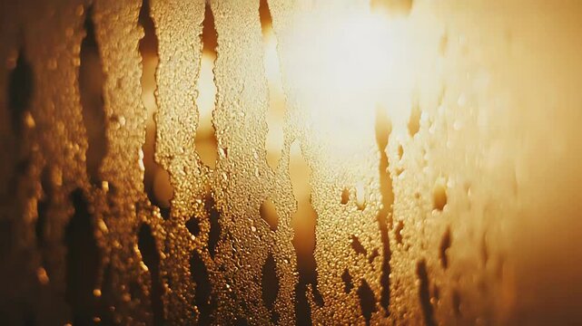 Water droplets clinging to glass form a textured, abstract pattern as warm golden light diffuses through, softly blurring the background for a calm, close up macro study