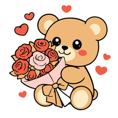 Fototapeta premium Cute bear holding rose bouquet, surrounded by hearts, cheerful and romantic cartoon style