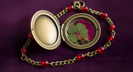 Open bronze locket with a four leaf clover and dried rose petal on purple fabric