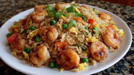 Fototapeta premium Shrimp fried rice with peas and vegetables on white plate.
