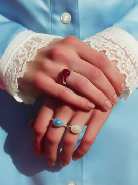 Delicate female hands adorned with gemstone rings resting gently on a soft blue fabric with lace detail. Vintage-inspired jewelry styling with soft tones.