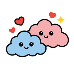 Cute blue cloud pink cloud smiling face hearts cartoon love happiness kawaii style