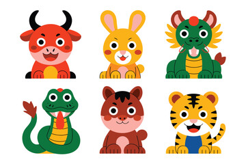 Obraz premium Cute chinese zodiac animals illustration, ox, rabbit, dragon, tiger cartoon vector set for lunar new year children greeting design