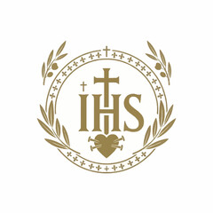 IHS Christogram with Sacred Heart and Cross in Laurel Wreath.