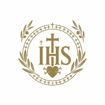 IHS Christogram with Sacred Heart and Cross in Laurel Wreath.