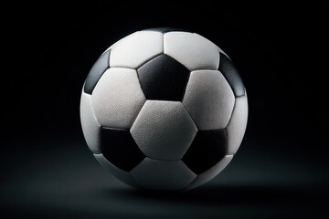 Naklejka premium Commercial studio shot of a soccer ball with highlighted panel pattern on black backdrop