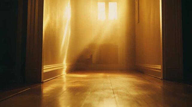 Long narrow hallway features light streaming through a distant window, creating a mysterious and atmospheric glow reflecting on the wooden floorboards and empty corridor walls