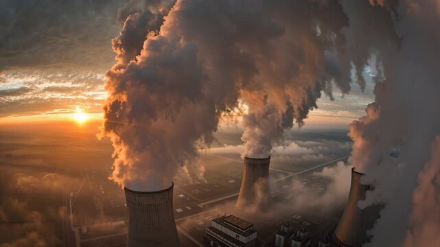Aerial view of nuclear power plant cooling towers releasing thick steam at sunset, industrial energy production and environmental impact in a rural landscape during golden hour