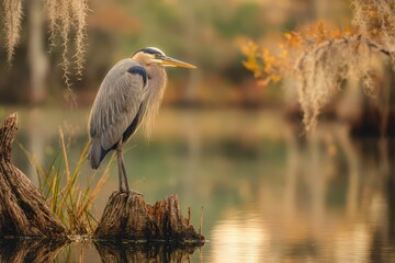 Quiet morning moment: a heron on a stump with reflections in a Florida marsh