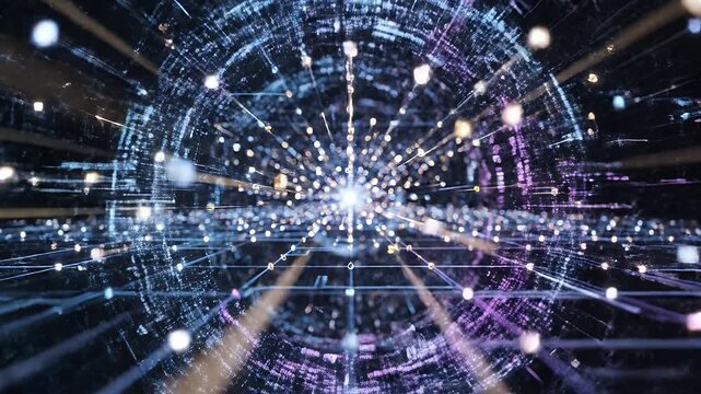 Abstract Digital Network Visualization - This video showcases an abstract digital network visual, featuring a spherical array of interconnected points and lines radiating outward.
