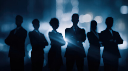 Business team silhouette professional group corporate leadership confident posture teamwork concept office people blue light background success