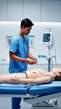 Doctor Practicing Medical Procedure on Training Dummy in Modern Clinic With Monitoring Equipment