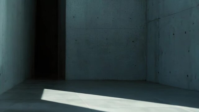 Empty concrete architectural space featuring strong natural light casting elongated, parallel shadows across the floor and wall, emphasizing minimalism and geometric forms